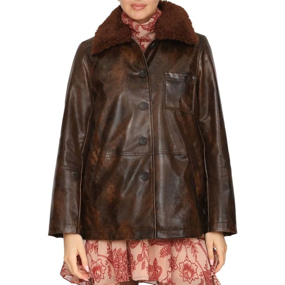 Avec Les Filles Womens Vegan Leather Jacket, Brown